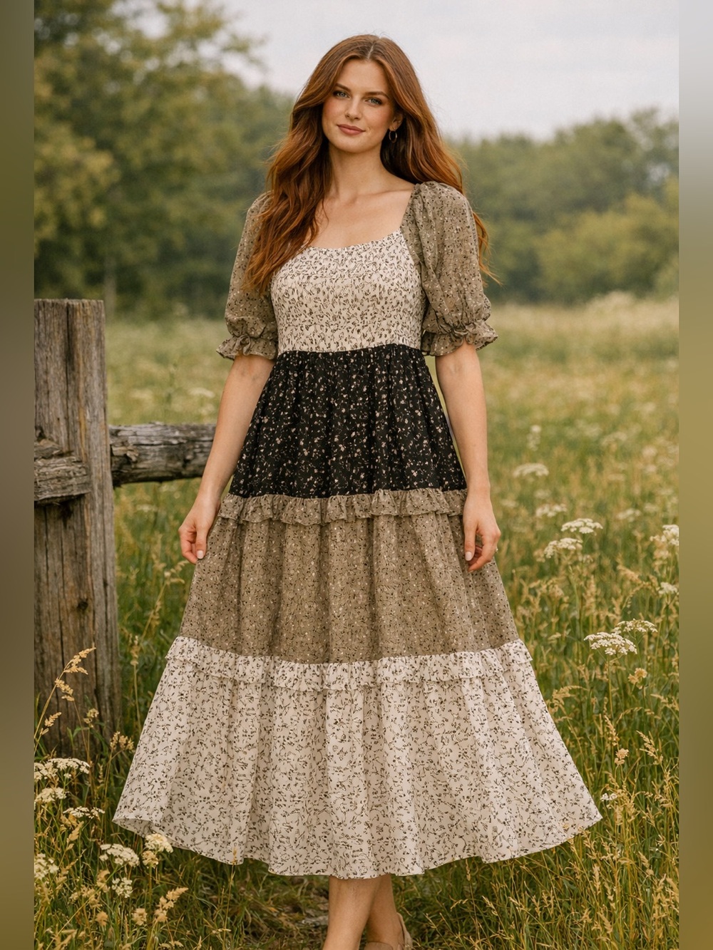 Orange Creek LA Floral Tiered Maxi Dress in Beige, Black SIZE XL